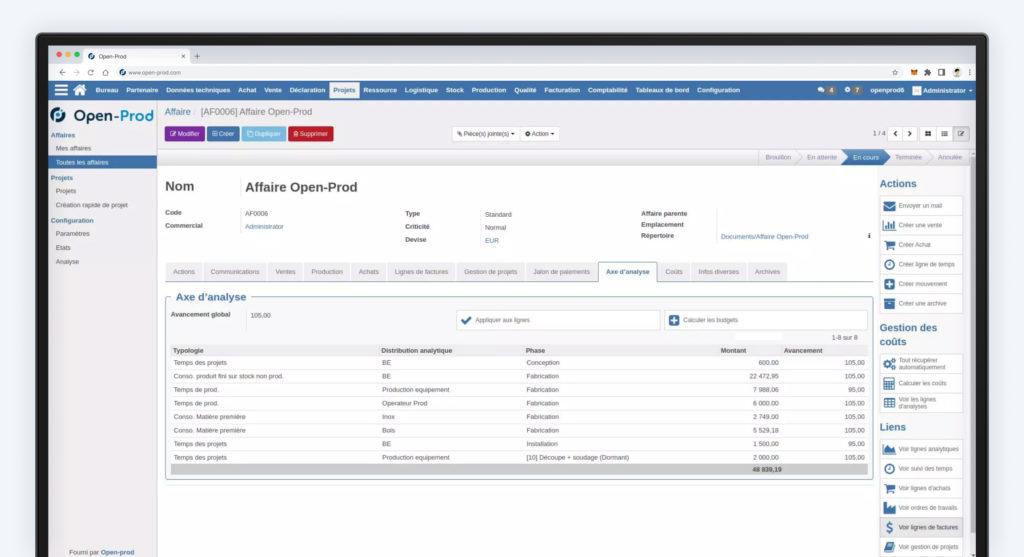 Gestion à l'affaire dans l'ERP Open-Prod