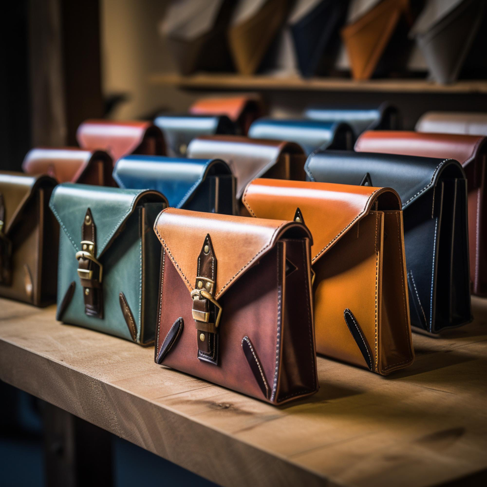 Série de sacs en cuir artisanaux illustrant la gestion optimisée des gammes et nomenclatures variables en maroquinerie
