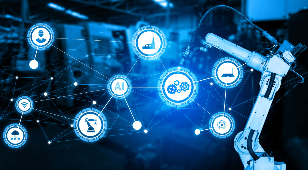 Bras robotisé illustrant l'intégration de l'IA dans les ERP industriels, connecté à un réseau intelligent de machines, capteurs IoT et systèmes de gestion. Représentation des défis et opportunités de l'automatisation dans l'industrie 4.0.