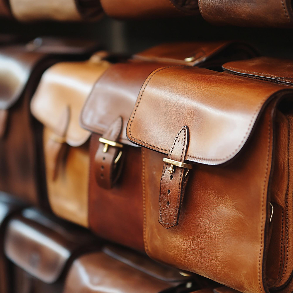 Sacs en cuir artisanaux alignés, illustrant la production en maroquinerie