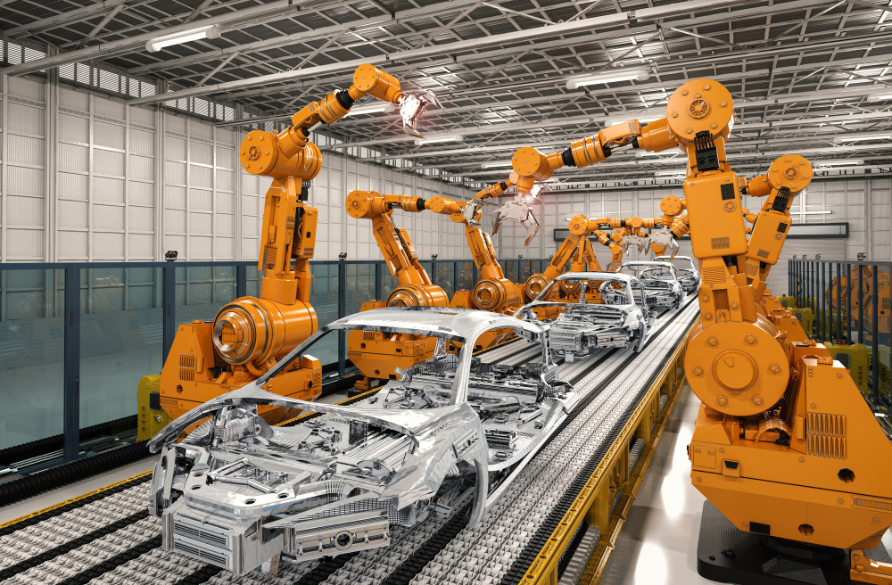 Chaîne de production automobile automatisée avec robots et EDI intégré à l’ERP industriel