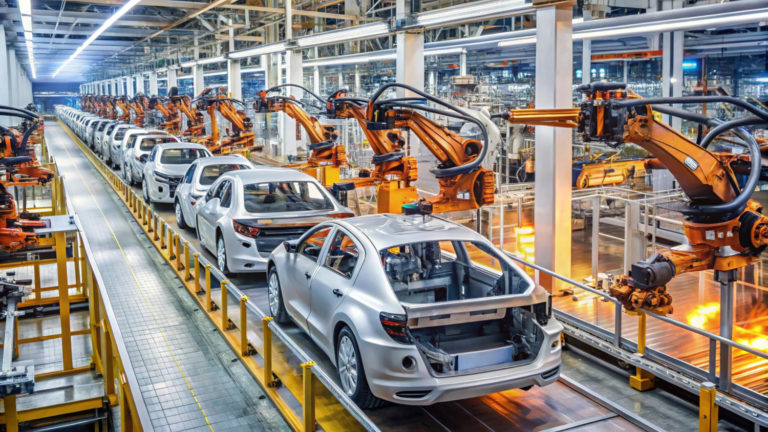 Chaîne de montage automobile connectée avec robots et ERP intégré