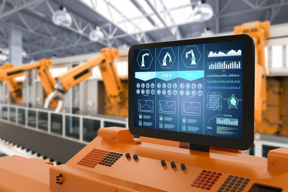 ERP supervisant des lignes robotisées en production industrielle, pilotées par compétences humaines et données en temps réel.