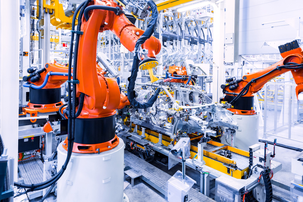 Ligne de production robotisée dans l’industrie manufacturière, optimisée par un ERP pour répondre aux exigences de la loi AGEC