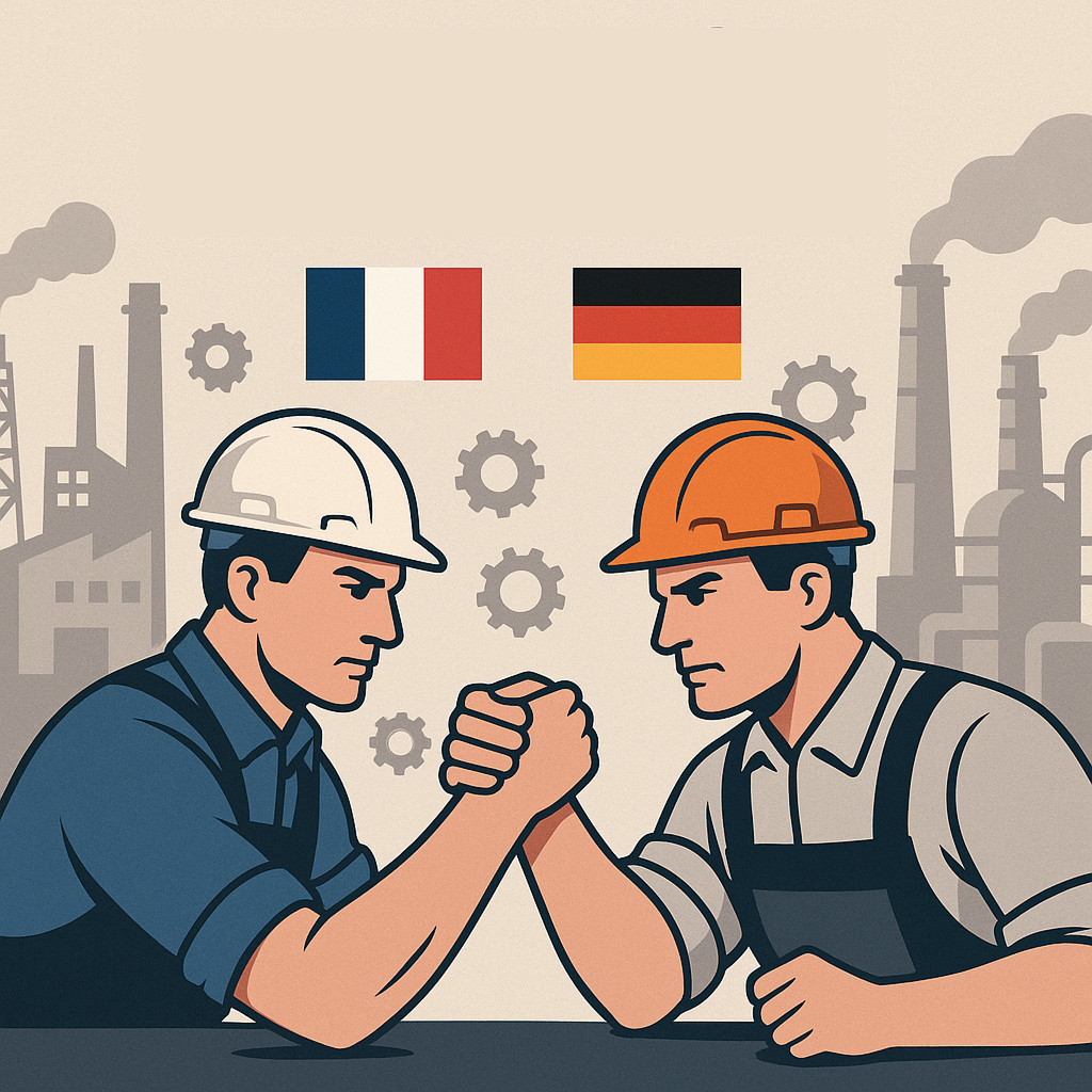 Illustration de la rivalité industrielle entre la France et l'Allemagne, symbolisant l'enjeu des ERP dans la compétitivité