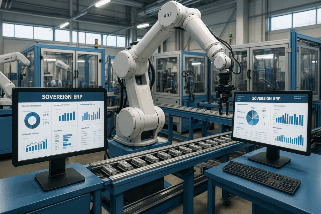 Poste de production automatisé contrôlé par un ERP souverain, illustrant la maîtrise numérique dans l’industrie moderne.