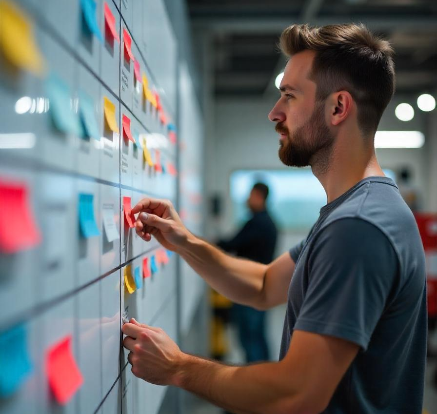 Employé utilisant un tableau de management visuel pour le pilotage de la production