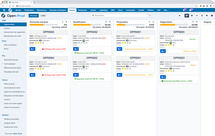 capture d'écran sur la gestion commerciale avec l'ERP d'OPen-Prod