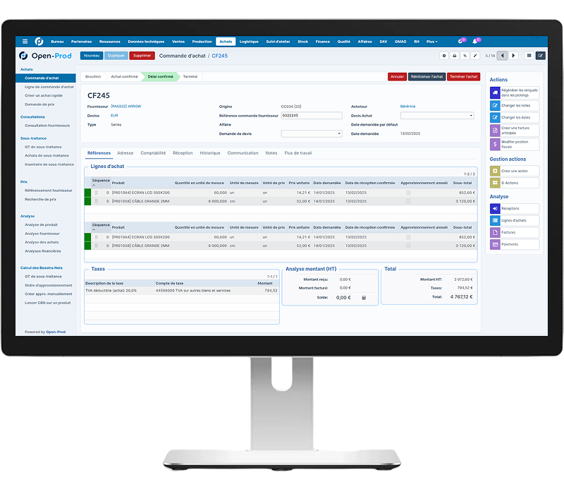 Capture d'cran pour le module gestion des achats et approvisionnements intégrer à l'ERP d'Open-Prod