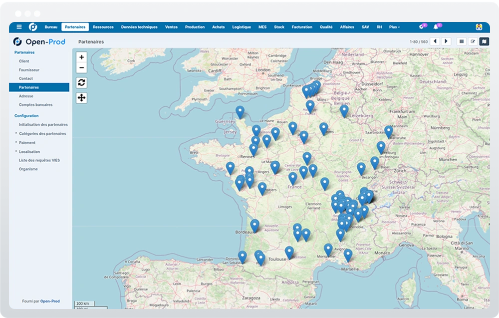 Vue carte dans l'ERP Open-Prod