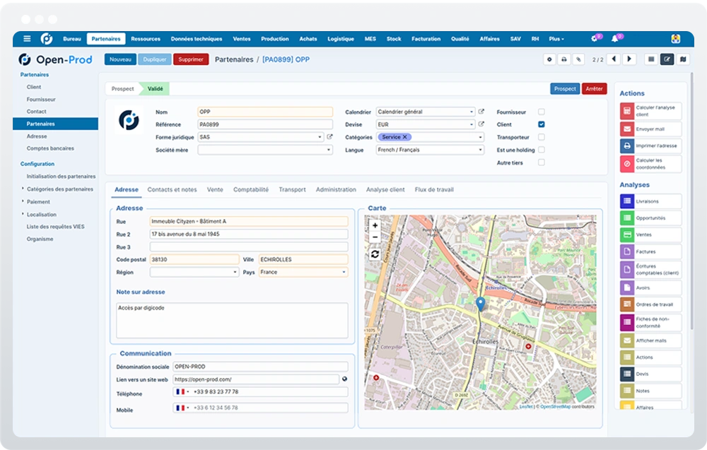 Vue carte dans l'ERP Open-Prod